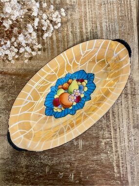 Vintage Noritake Peach Lusterware Oval Dish With Black Trim 8.5” Long